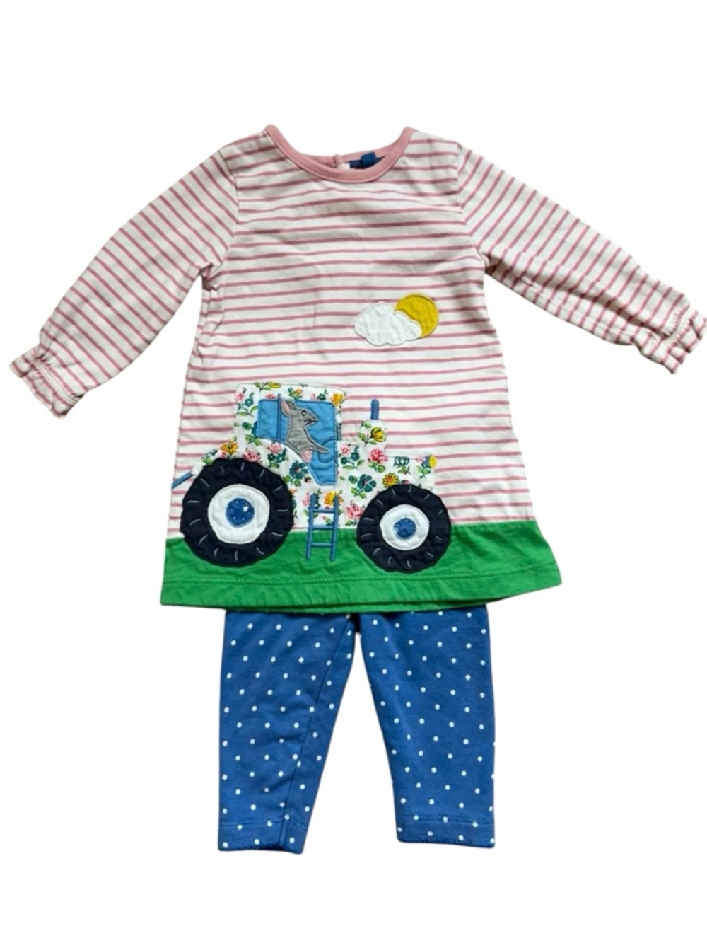 Baby Boden Tractor Bunny Farm Appliqué Dress Set Elizabethan Blue Pink 3-6 month